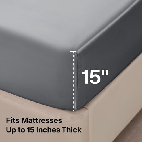 BEDELITE Satin Sheets Full Size Bed Set, Luxury Soft Dark Grey Silky Sheets for Hair and Skin, Similar to Silk Bed Sheets Set 4 Pieces with 1 Deep Pocket Fitted Sheet, 1 Flat Sheet, and 2 Pillowcases BEDELITE