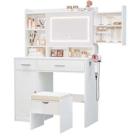 Viaozutis Vanity Desk with Mirror and Lights, with Hidden Shelves,4 Compartments,2 Drawers,Cabinet & Stool,Dimmable LED Lights,Power Outlets, Ideal for Bedroom Vanity Organization(White) Viaozutis