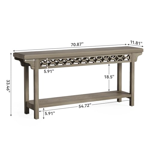 LITTLE TREE 70.87-Inch Long Console, Solid Wood Farmhouse Narrow Entryway Table with Shelf, Rustic Sofa Table for Living Room, Hallway, Grey LITTLE TREE