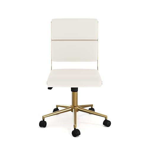 Martha Stewart Lulu Swivel Task Chair with Height Adjustable Seat for Home Office in Off White Faux Leather with Polished Brass Frame Martha Stewart