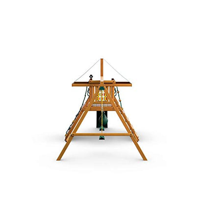 Gorilla Playsets 01-1059-AP High Point Wood Swing Set with Green Vinyl Canopy, Two Swings, Rock Climbing Wall, Slide, Amber - WoodArtSupply