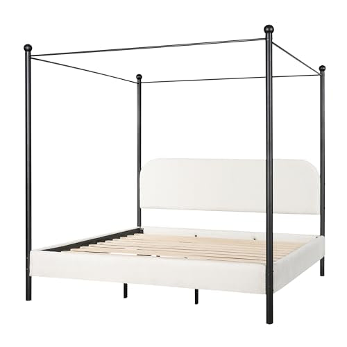 Christopher Knight Home King Size Upholstered Canopy Bed Frame with Boucle Fabric, Curved Headboard and Iron Legs, Modern Platform Bed Frame with Slats No Box Spring Needed, White