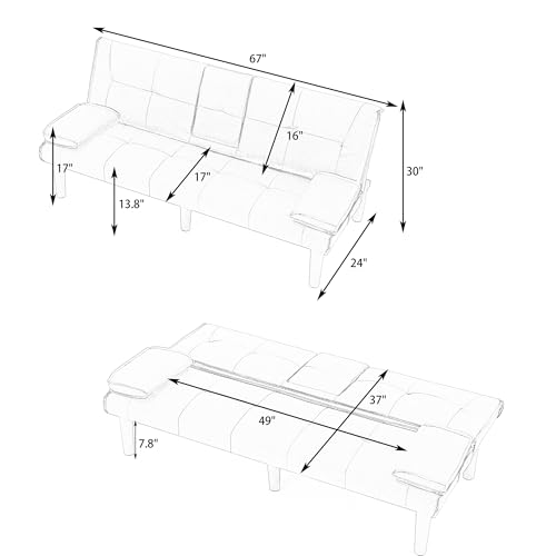67"Modern Futon Sofa Bed,Convertible 3 in 1 Sleeper Bed Couches with Adjustable Backrest,Cup Holders,Comfy PU Leather Recliner Sofa Loveseat with Chrome Legs for Small Home Living Room (Black) Majnesvon