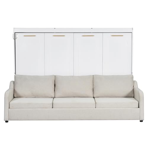 SOFTSEA Full Size Murphy Bed with Sofa and Shelves, Horizontal Murphy Bed Cabinet with LED Light, Hidden Wall Bed with Foldable Couch Space-Saving for Guest Room Bedroom Office, Beige SOFTSEA