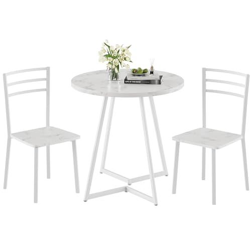 VECELO Small Round Dining Table Set for 2, Wood Tabletop with Strong Metal Frame, Modern Dinette with Chairs for Kitchen, Breakfast Nook Living Room, Faux Marbled & White VECELO