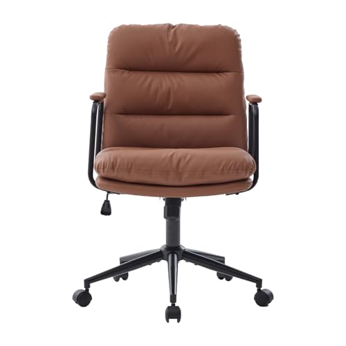 Home Office Chair with Arms, Swivel Criss Cross Chair with Wheels, Comfortable PU Leather Office Desk Chair, Ergonomic Adjustable Height Task Chair with Tilt Lock, Brown Shenyon
