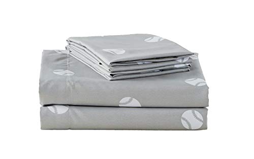 Chezmoi Collection 4-Piece Kids/Teens Sports Sheet Set - Soft Microfiber Gray White Baseball, Queen Size Chezmoi Collection
