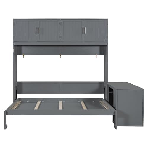 Queen Horizontal Murphy Bed with Desk and Storage Bookcase Shelves,Pine Wood Murphy Wall Bed with Storage Shelves and Desk,for Adults (Grey) MERITLINE