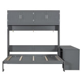 Queen Horizontal Murphy Bed with Desk and Storage Bookcase Shelves,Pine Wood Murphy Wall Bed with Storage Shelves and Desk,for Adults (Grey) MERITLINE