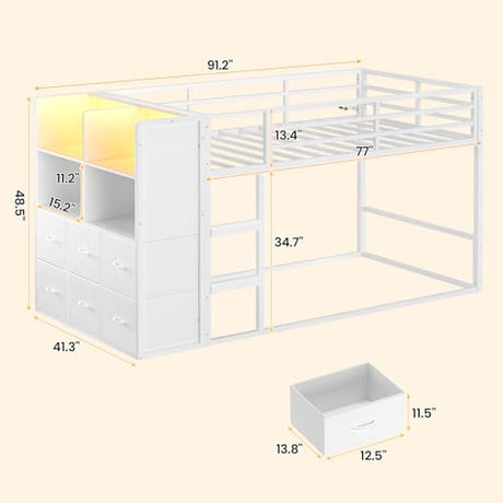 BTHFST Bunk Bed Twin Over Twin with 6 Large Fabric Drawers & 4 Wooden Storage Bookshelf Organizer, Metal Low Bunk Bed for Kids with LED Lights & Safety Ladder and Guardrail, Space Saving BTHFST