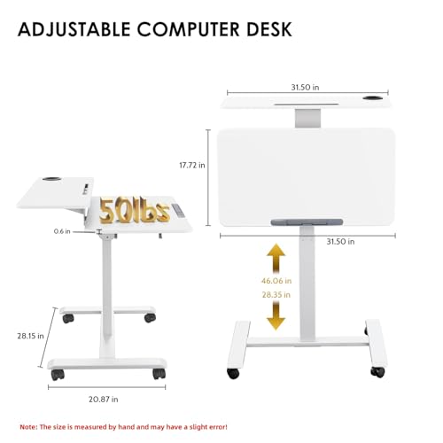 TecbL Pneumatic Standing Desk with Wheels - Adjustable Height 28" - 46" & 0-90° Tilt, 31.5" x 17.7" Skin-Feel Desktop, Rolling Computer Desk for Home Office, Hospital, School (White) TecbL
