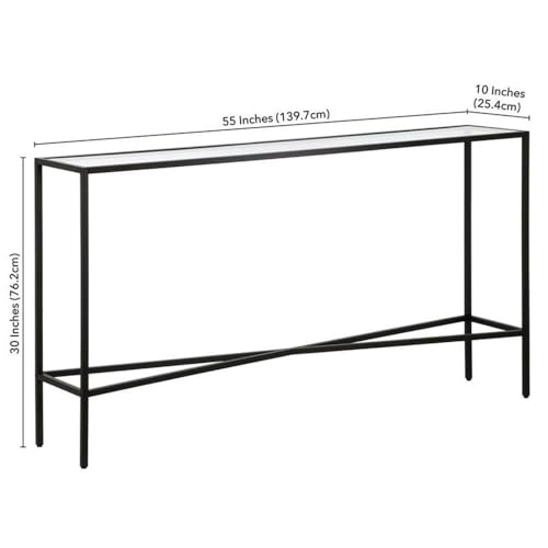 Pemberly Row 55" Blackened Bronze Metal/Glass Console Table, Tempered Glass Top, Geometric Crossbar Design, Modern Industrial Style Accent Table for Living Room or Entryway Use Pemberly Row