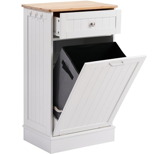 AHB 13 Gallons Tilt Out Trash Cabinet, Hidden Trash Can Kitchen Wooden Tilt Out Pet Proof Hidden Trash Bin for Kitchen Living Room,White AHB