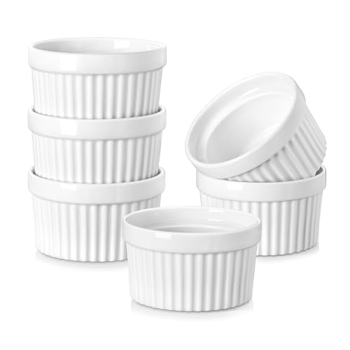 MALACASA Ramekins 6 oz Oven Safe, Porcelain Creme Brulee Ramekins Pudding Custard Cups Small Ceramic Souffle Dishes Ramakan Ramiken Ramicans Baking Bowls Set of 6, White, Series RAMEKIN-DISH MALACASA