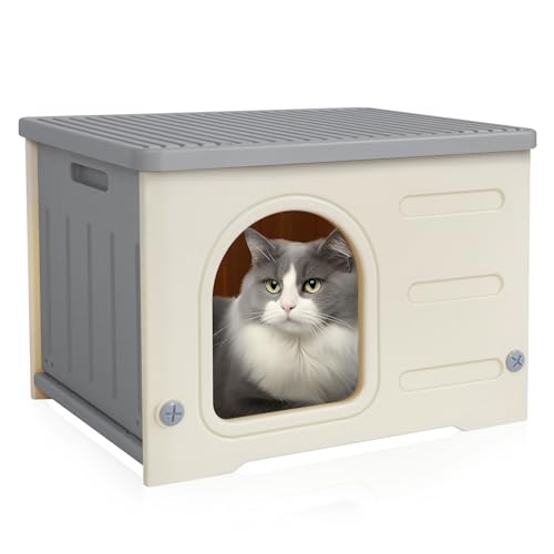 Deblue Weatherproof Cat House for Indoor Outdoor, Durable Outside Cat House for Feral Cats, Unique Cat Shelter for Small Pet, Spacious, Easy to Assemble - Grey - WoodArtSupply