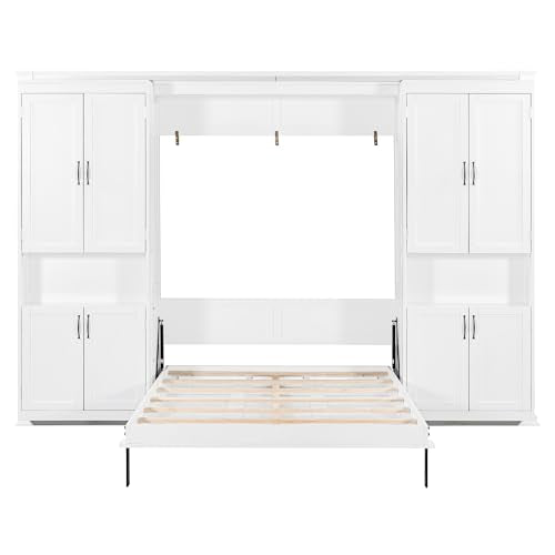 Murphy Bed with Dual Sliding Storage Cabinets, Hidden Wall Cabinet Design, Dual 6-Tier Side Shelves, Large-Capacity Space-Saving Wall Bed System for Modern Homes & Multifunctional Rooms, Full, White Merax