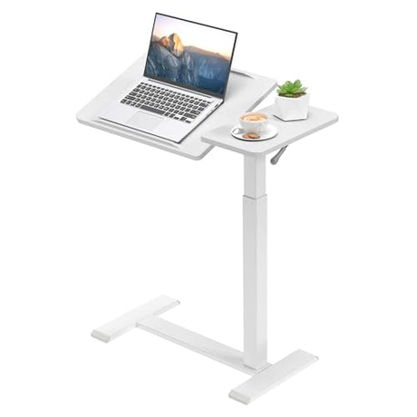 yaaqoo Adjustable Overbed Bedside Table with Hidden Wheels, Pneumatic Tilt Board Rolling Laptop Standing Desk Cart, Mobile Over Bed Sofa Chair Side End Tables, Walnut (White) yaaqoo
