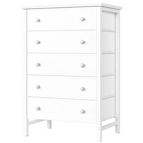 BOLUO White Chest of Drawers for Bedroom Dresser with 5 Drawer Fabric Dressers Storage for Girls, Kids Closet Modern