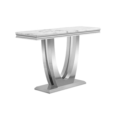 47" Marble Console Table Luxury Silver Sofa Table with Geometric U-Shape Stainless Steel Pedestal Modern Long Console Sofa Table White Marble Entryway Hall Table for Living Room Hallway Goujxcy