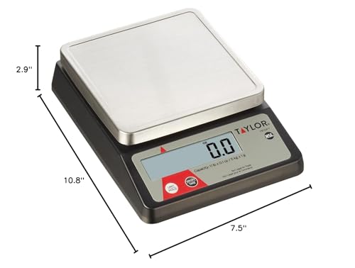 Taylor TE10FT 11-Pound Commercial Digital Portion Control Scale, 11 lb (5 kg) in 0.1 oz (1 g) Food and Cooking Scale, Tare and Hold Function, NSF, Stainless Steel Platform Taylor
