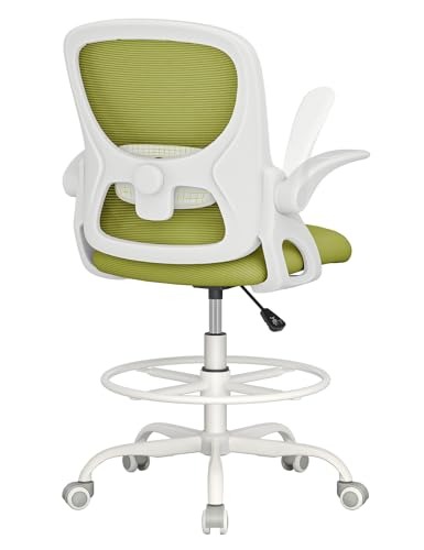 LukkDys Drafting Chair Tall Office Chair with Flip-up Armrests Ergonomic Computer Standing Desk Chair with Comfy Lumbar Support and Adjustable Footrest Ring for Bar Height Desk(White-Green)