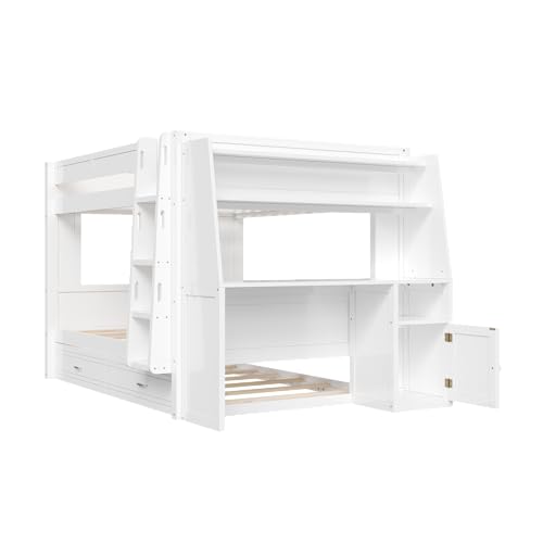 CKLMMC Full Size Multifunctional Bunk Bed with Desk and Bookshelves, Trundle, Space-Saving Wooden Bunk Bed for Kids & Teens (White/T) CKLMMC