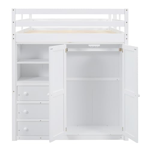 Full Size Loft Bed Frame with Built-in Wardrobe, Desk, Storage Shelves and Drawers, Wood Slat Support Merax