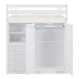 Full Size Loft Bed Frame with Built-in Wardrobe, Desk, Storage Shelves and Drawers, Wood Slat Support Merax
