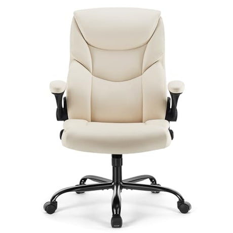 Sweetcrispy Ergonomic Office Chair Heavy Duty Task Desk Chair with Flip-up Arms, PU Leather, Adjustable Swivel Rolling Chair with Wheels, Beige Sweetcrispy