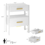 Tltaroni Nightstand with 2 Drawers and Open Shelf Wooden Bedside Table Gold Handles Modern Storage Night Stand Sensor Light for Bedroom, White Tltaroni