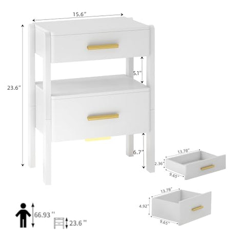Tltaroni Nightstand with 2 Drawers and Open Shelf Wooden Bedside Table Gold Handles Modern Storage Night Stand Sensor Light for Bedroom, White Tltaroni