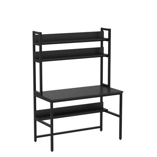 Aquzee 47-Inch Modern Ergonomic Computer Desk with Hutch and Storage Shelves in Black - WoodArtSupply