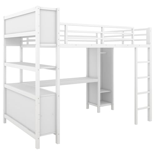 Harper & Bright Designs Full Loft Bed with Desk, Metal Loft Beds with Storage Shelves, Desk, and Wardrobe, Heavy-Duty Loft Bed Frame for Kids, Teens, Adults, Space-Saving and Noise-Free Design, White Harper & Bright Designs