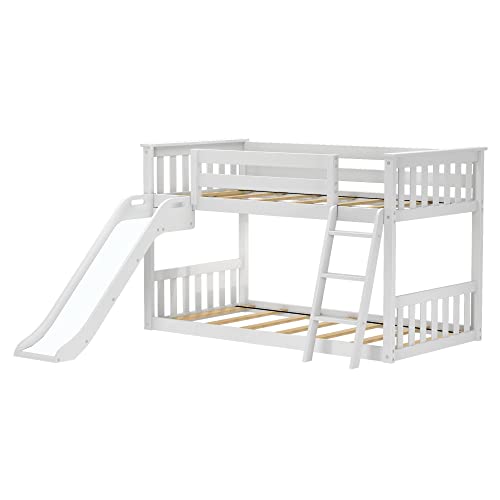 Max & Lily Solid Wood Twin Over Twin Size Low Bunk Beds for Kids with Slide and Ladder, 400 lbs Weight Capacity, 14" Safety Guardrail, Anti-Slip Steps, White Max & Lily