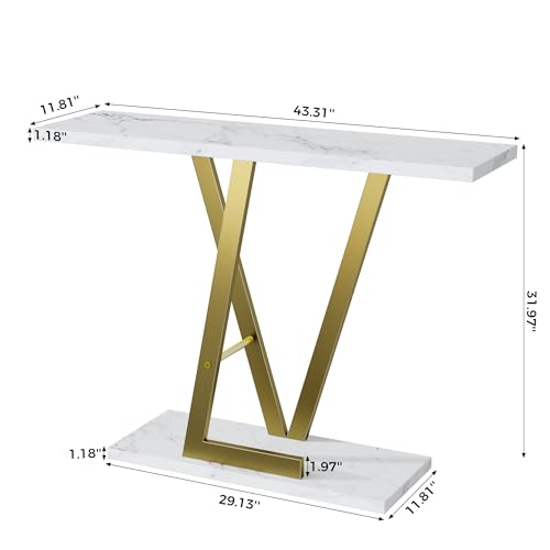 43.3" Gold Console Table, Modern Entryway Table with White Faux Marble Top & Metal Base, Narrow Sofa Table for Living Room, Hallway, Foyer PyroLog