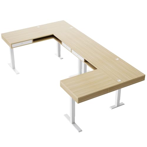 HUANUO U-Shaped Electric Standing Desk with Storage Drawers, Adjustable Height Ergonomic Gaming Desk, Large Sit Stand Up Desk with Power Strip Tray & Cable Grommets for Home Office, Light Walnut HUANUO