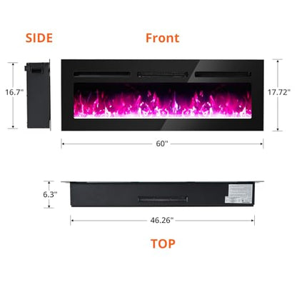 GarveeHome 60 Inch Electric Fireplace, Wall Mounted Electric Fireplace, Remote Control with Timer,Touch Screen,Adjustable Flame Color and Speed,750W/1500W