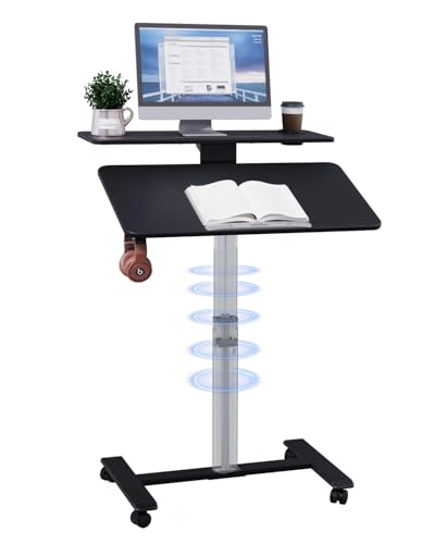 TecbL Pneumatic Standing Desk with Wheels - Adjustable Height 28" - 46" & 0-90° Tilt, 31.5" x 17.7" Skin-Feel Desktop, Rolling Computer Desk for Home Office, Hospital, School (Black) TecbL