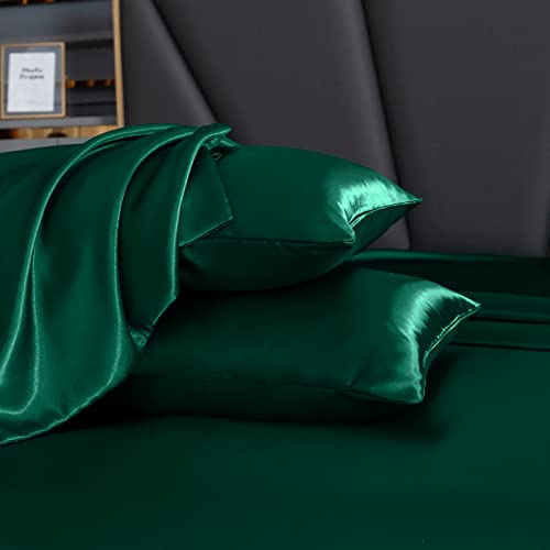 Homiest 7pcs Satin Sheets Queen Size Bed Set - Blackish Green Luxury Silky Satin Bedding - 1 Deep Pocket Fitted Sheet, 1 Soft Flat Sheet, 4 Pillowcases, 1 Body Pillowcase Homiest