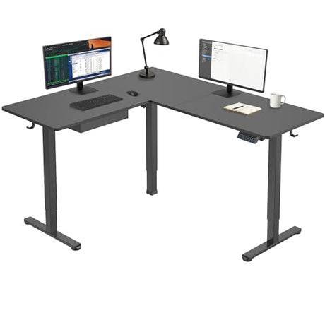 Mount-It! L Shaped Standing Desk - Large Electric Corner Height Adjustable Sit Stand Workstation Height Range 28.3-46.5", 3 Memory Settings, Steel Legs, Black Steel Frame, Black Tabletop Mount-It!