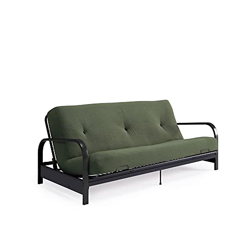 DHP Brax Black Metal Arm Full Size Futon Frame with 6" Thermobonded High Density Polyester Fill Army Green Futon Mattress