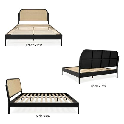 Aurelia Queen Size Bed Frame - Stylish Black Bohemian & Mid Century Modern Design with Solid Wood Support - WoodArtSupply