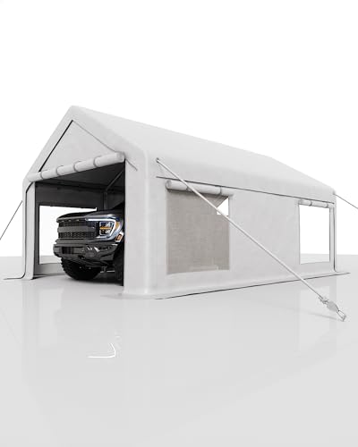 GarveeLife 10x20 ft Portable Garage, Car Port with 200 g PE Tarp Cover, with Front & Rear Roll-Up Doors and 4 Windows, for Temporary Paint Booth, Boats&Pickups Shed, and Event Shelter, White GarveeLife