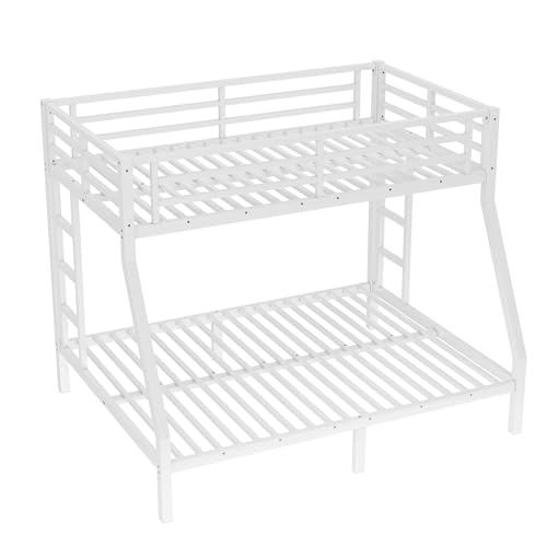 Bellemave Twin Over Full Bunk Bed with Ladders, Metal Bunk Beds Frame with Full-Length Guardrails, Heavy-Duty Bunkbed for Bedroom, Guest Room, Dorms, Noise-Reduce and No Spring Box Needed, White Bellemave