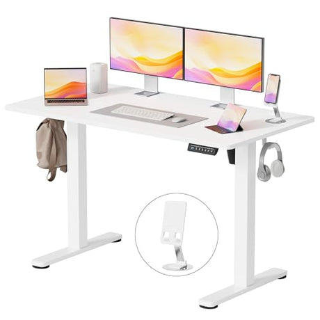 YESHOMY Height Adjustable Electric Standing Desk, 46 x 24 Inches Memory Home Office Sit Stand up Desk with Phone Holder and USB Charging Port, White YESHOMY