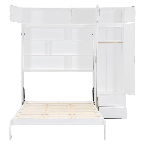 Merax Queen Size Murphy Bed with Top Cabinet, Shelves and Wardrobe, Fold into The Wall, Space-Saving Design, Multifunctional Foldable Platform Bed Frame for Bedroom, Guest Room, Home Office, White Merax