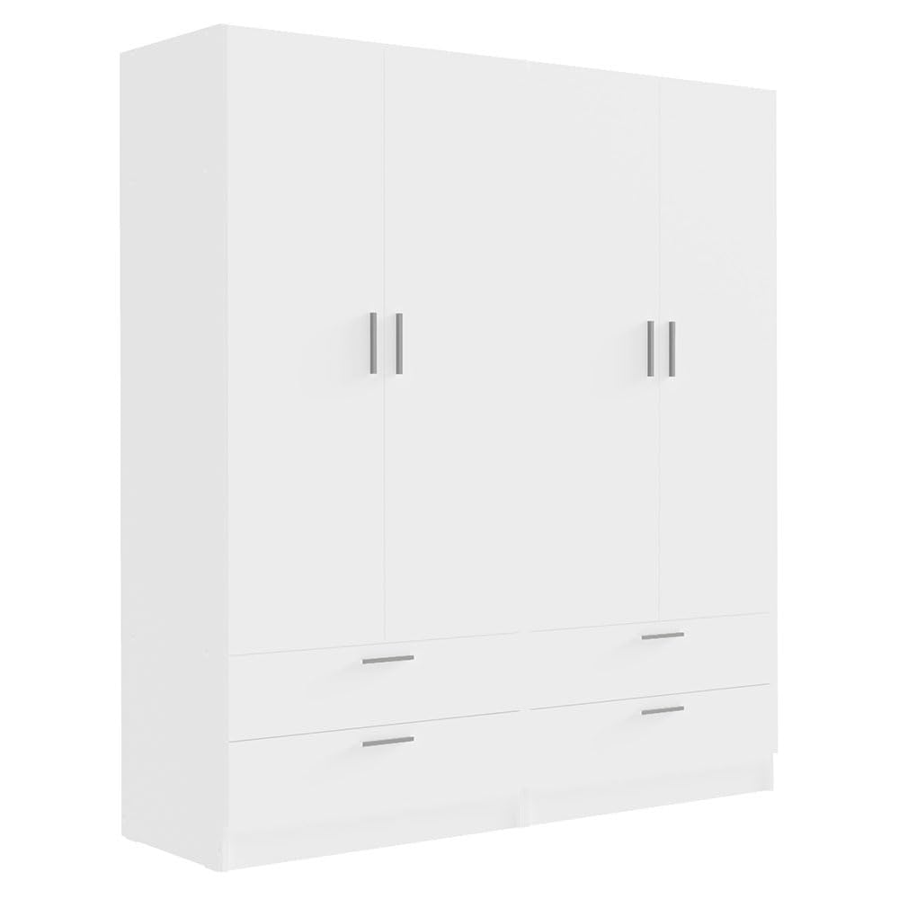 Madesa 4 Doors 4 Drawers Storage Cabinet Wardrobe with Shelves and Hanging Space 63" L Wooden Armoire Closet Organization Unit for Bedroom and Office (White) Madesa
