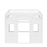 Merax Low Loft Bed Full Size with Underneath Play Space, Full House Loft Bed with 2 Windows and Ladder, Wood Bed Frame, No Box Spring Needed, White Merax