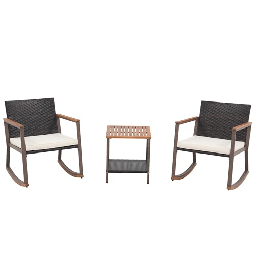 Relyblo Wicker Rocking Bistro Set of 3, Outdoor Rocker Chair Furniture Conversation Sets with Coffee Table & Cushions, Patio Rattan for Balcony, Lawn, Porch Poolside, Black - WoodArtSupply