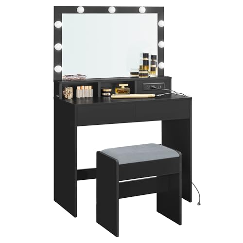 VASAGLE Vanity Desk with Power Outlets, Makeup Vanity with Mirror and Lights, with Upholstered Vanity Stool, 9 Dimmable LED Lights, 2 Compartments, 2 Drawers, for Bedroom, Ink Black URDT029B0 - WoodArtSupply